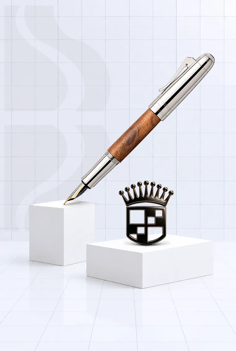 Stylo plume Graf von Faber-Castell en bois et métal à côté du blason de la marque, sur des socles blancs
