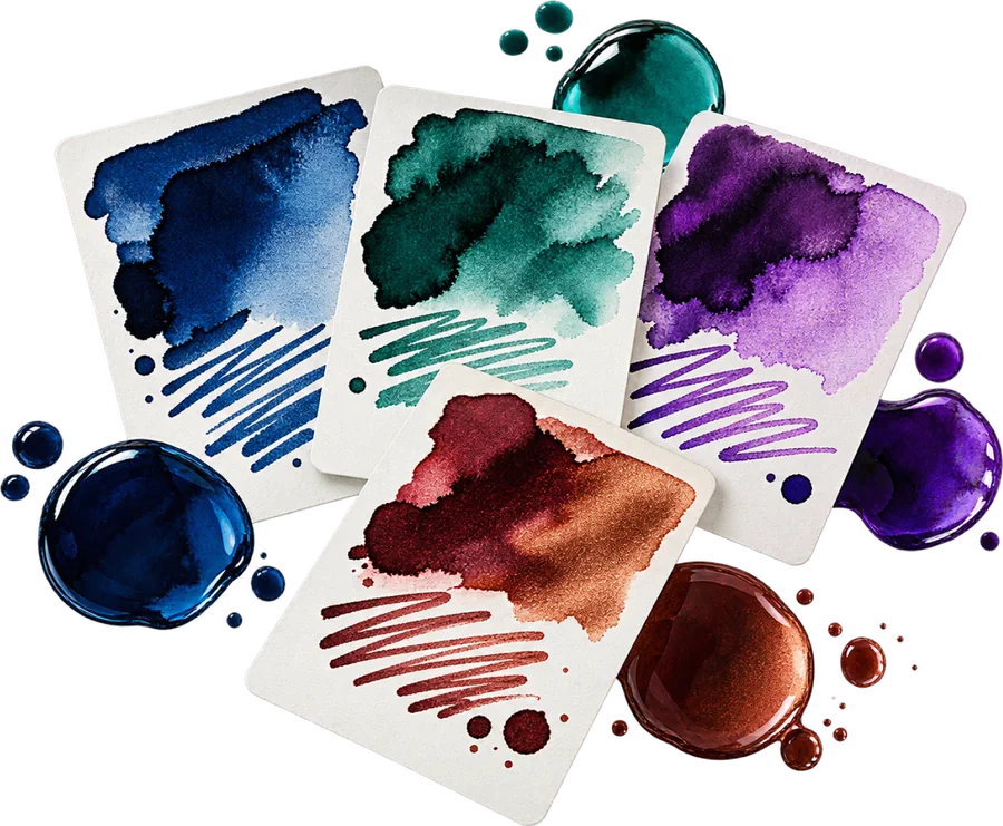 Échantillons d’encre bleue, verte, violette et bordeaux sur papier